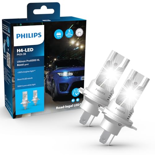 Philips Ultinon Pro6000 Boost Gen2 Direct-Fit H4-LED Approved LED Bulb*, Up to 300% Brightness**, 5800K, Set of 2