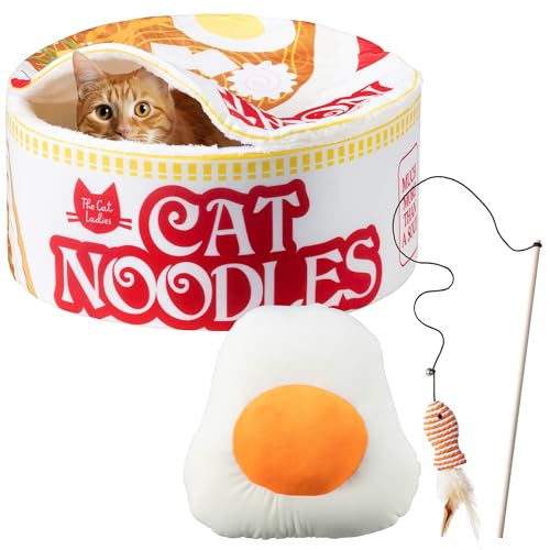 Cat Ladies Ramen Cat Bed - Cozy 5-Piece Soft Nest Set with Blanket Pillows and Teaser Toy - Compact Noodle Bowl-Themed Pet Beds & Furniture - Small Warm Indoor Cushion for Cats