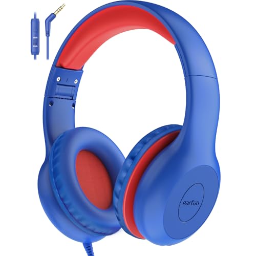 EarFun Kids Headphones Wired with Microphone, 85/94dB Volume Limit Headphones for Kids, Portable Wired Headphone with Shareport, Stereo Sound Foldable Headset for School/Tablet/PC/Kindle, Navy Red