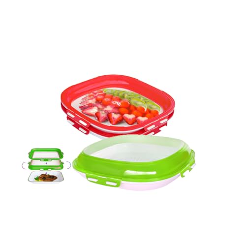 YIDINGFA Plastic Food Preservation Trays for Storing Vegetables, Fruits, and Meat, Keeping Them Fresh, Stackable and Reusable Creative Food Preservation Trays (2 Pieces) (Red + Green,Type B)