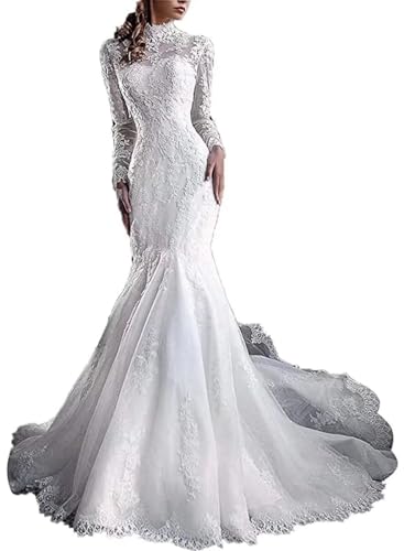 Winter High Neck Wedding Dresses for Bride 2025 Trumpet Lace Applique Long Sleev Mermaid Bridal Dress for Women Ivory Us14
