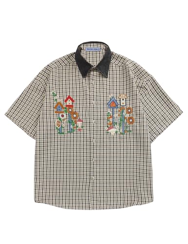 Aelfric Eden Shirts Plaid Embroidery Short Sleeve Shirt Casual Graphic T-Shirts Men Button Down Tee Tops Oufits Black