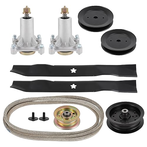 SCITOO Deck Rebuild Kit, 42 Lawn Mower Deck Parts Rebuild Kit Fit for Poulan Pro PP19A42 PB185A42 PB195H42LT PB20H42YT, 1 Belt 2 Spindle Assembly 2 Mower Pulleys 2 Mower Blades 2 Idler Pulleys