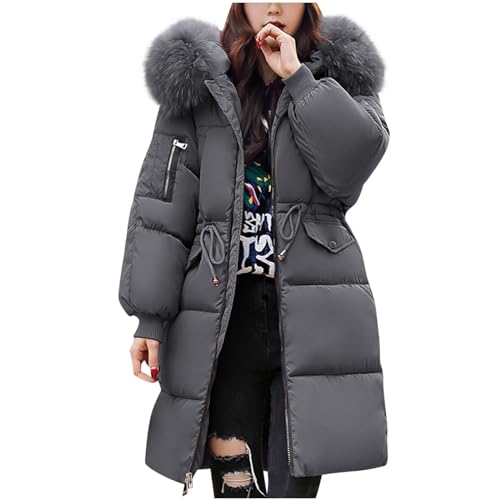 Ceboyel Women Long Puffer Winter Coat Faux Fur Hood Winter Bubble Coats Jacket Trendy Puffy Jackets Warm Outerwear Clothing Women Jacket Dark Gray X