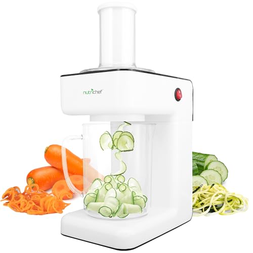 NutriChef 3-in-1 Electric Vegetable Chopper, Spiralizer, and Salad Maker - Fruit Cutter, Spiral Shredder Machine, Veggie Spaghetti & Noodle Maker | Includes Food Plunger & 1.2L Bowl