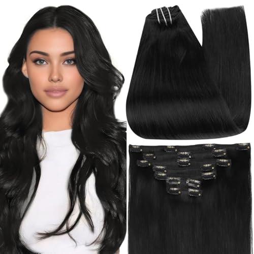 Full Shine Black Clip in Hair Extensions 24 Inch Remy Hair Extensions Clip in Human Hair Jet Black Natural Hair Clip in Extensions for Long Hair Black Hair Extensions 7 Pieces