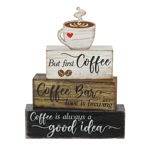 Moucuny 4 Pcs Wooden Coffee Bar Tabletop Decor Coffee Tiered Tray Decor Rustic Wood Bar Sign Gift Farmhouse Table Centerpiece Farmhouse Decorations for Home Kitchen