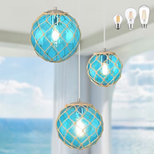 AyshwillDec 3-Light Blue Coastal Pendant Light Kitchen Island 3 Globe Glass Ocean Chandelier Beach House Boho Chandelier Hanging for Dining Room Living Room Bedroom Foyer (Bulb Incl.)