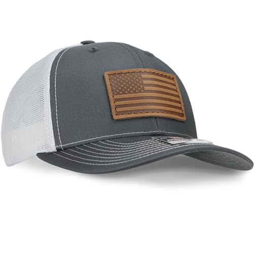 American Flag Richardson 112 Trucker Hat for Men | Leather Patch | Machine-Stitched Badge | Adjustable Snapback Country Hat (Charcoal+White)