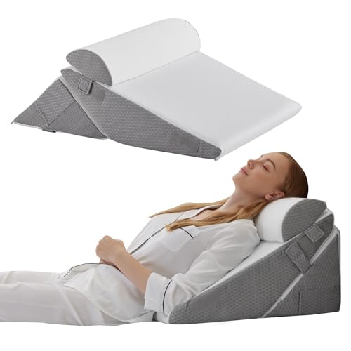 Bedluxe Wedge Pillow Headboard, 3PCS Orthopedic Bed Wedge Pillows Set for After Surgery, Adjustable Pillow Wedge for Acid Reflux&Back Pain Relief, Sleeping, Back Pillow for Bed Sitting Up, White/Grey