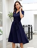 Wedtrend Navy Vintage Retro Style Dress for Church, V-Neck Ladies Dress for Church with Sleeves Flare Cocktail Prom Dress for Graduation Midi 50s Audrey Style Work Dress for Women WTP30001NavyS