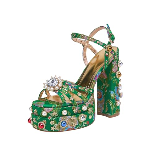 Feinlina Women Rhinestone High Chunky Platform Open Toe Block Heels Gems Detail Fashion Green Pink Floral Print Embroidery Ankle Strap Dress Wedding Party Pump Sandals,7