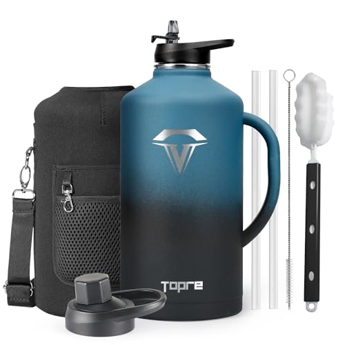 Topre 128 oz Stainless Steel Water Bottle with Handle and Carry Pouch, One Gallon Insulated Mug Tumbler with Straw Lid Spout Lid,Reusable Metal Water Bottle Jug Flask Cup,Keep Cold & Hot,Indigo Black