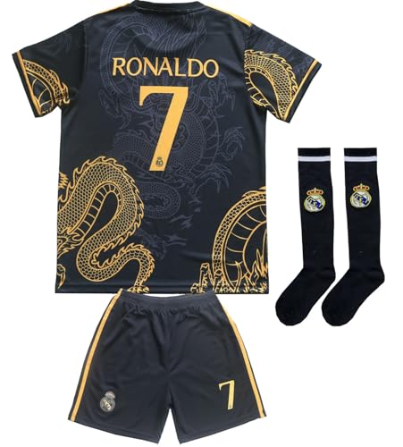 PURESTOF Madrid Ronaldo No #7 Special Dragon Edition Kids Soccer Jersey Kit Shorts Socks Set Youth Sizes (Black, 24 (6-7 Years Old)).