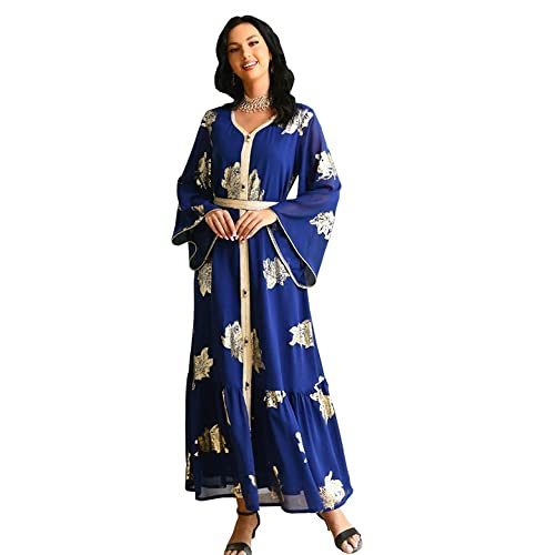 PolyJolly Gold Stamping Blue Chiffon Abaya Dress for Women Dubai Sadui Falbala Jalabiya Maxi Dress S