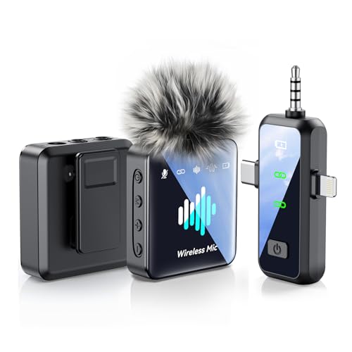 MENERESAS 3-in-1 Microphone for iPhone: Wireless Lavalier Microphone for Camera & Android - Mini Mic - 328ft Transmission & 20H Battery Life - Vlogging with AI Noise Reduction