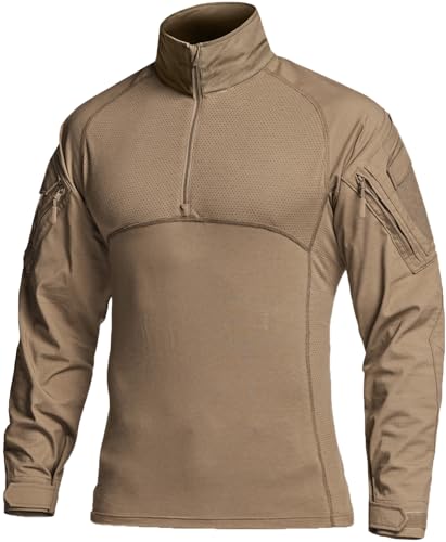 CQR Men's Combat Shirt Tactical 1/4 Zip Long Sleeve Military BDU Shirts Camo EDC Top with Pockets, Military Shirts Coyote, XX-Large