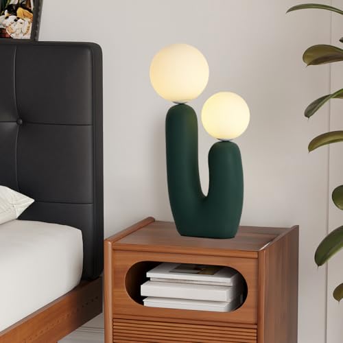 SIMEESO Modern Green Table Lamp Cactus Shape Resin Dimmable Table Light White Milk Globe Glass Light Fixtures for Living Room Bedroom Children’s Room Cafe Entrance