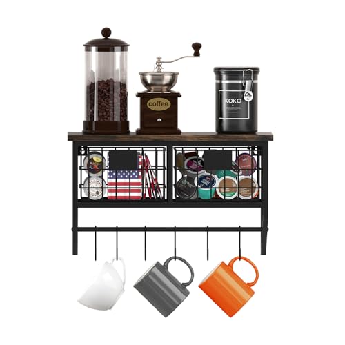 Helsin Industrial Wall Mounted Metal Wood Floating Shelves with Baskets Hooks Hanging Display Shelf Sundries Holder for Coffee Bar Kitchen Bathroom Organization and Home Decor, Black (16inch, 1 Set)
