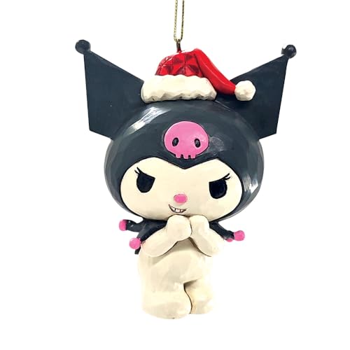 Enesco Sanrio by Jim Shore Hello Kuromi Wearing a Santa Hat Hanging Ornament- Stone Resin Hand Painted Crafted Collectible Hello Kitty Figurines Christmas Tree Ornaments, 3.75 Inch