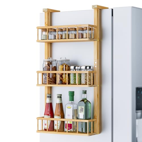 Hanging Spice Rack for Refrigerator - 3 Tier Bamboo Kitchen Counter Shelf Organizer for Can Seasoning Storage, Adhesive to Fridge & Pantry Side