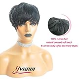 Yviann Human Hair Short Wigs Pixie Cut Wigs with Bangs Short Black Layered Wavy Wigs for Women 1B Color