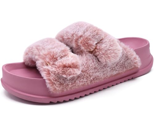 KuaiLu Women's Fluff Slippers Pink Size 8, Plantar Fasciitis Arch Support Platform Slippers Ladies Fashion Open Toe Faux Fur Sliders House Slipper