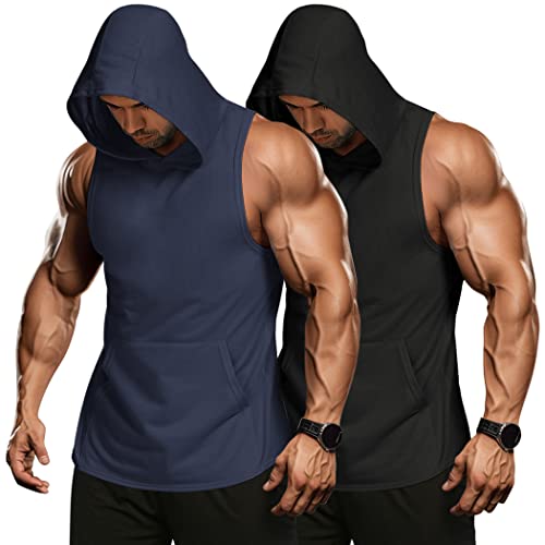 COOFANDY Men's 2 Pack Workout Hooded Tank Tops Bodybuilding Muscle Cut Off T Shirt Sleeveless Gym Hoodies