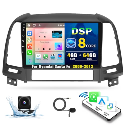 8 Core Android 13(4G+64G) Car Stereo for Hyundai Santa Fe 2006-2012 Radio,Wireless Carplay&Android Auto, 9" IPS Touchscreen 1280 * 720 DSP Auto Radio GPS Bluetooth FM/RDS 32EQ WiFi SWC+Backup Cam&Mic