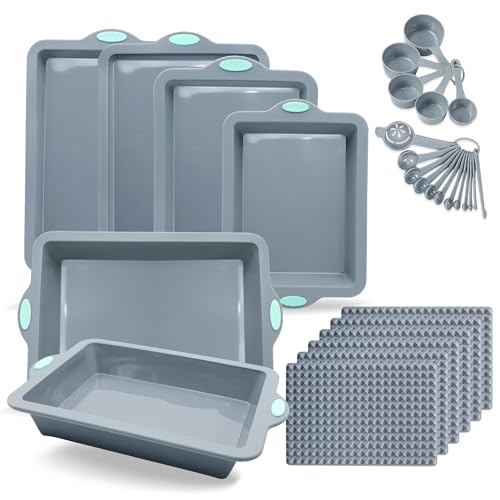 To encounter 29 Pieces Silicone Baking Pans Set, Metal Framed Silicone Oven Baking Pans, Stackable Bakeware Sets, Including Cookie Sheet, Cake Pans, Baking Mats, Measuring Cups and Spoons, Light Grey