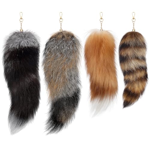 Ferreve Huge and Fluffy Real Fox Tail Keyring Faux Fur Tail Keychain Handbag Accessory Hook Pendant Gift for Women 2 Sizes(Black,Brown,4 Pcs)