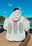 Yiulangde Cute Preppy Pink Palm Sweatshirt Puff Hoodies for Teen Girls Coastal Cowgirl Flower Oceanic Embroidered Oversized Hoodie Tops