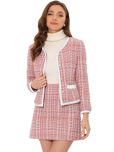 Allegra K Business Suit Set for Women's 2 Piece Outfits Plaid Tweed Easter Short Blazer Jacket and Skirt Sets Small Pink