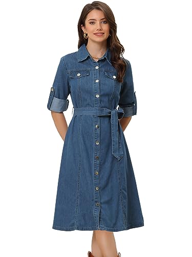 Allegra K Denim Dress for Women's Long Sleeve Button Down A-Line Belted Classic Jean Dresses X-Large Blue