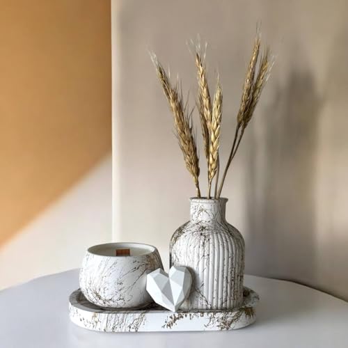 Look! This is The Gold & White Set of 3 | Handmade Home Decor – Oval Marble Tray | Textured Vase for Dried Flowers | Handcrafted Soy Wax Candle with Vanilla Aroma – Natural Gypsum Stone, Made in USA