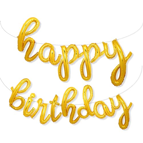 Gold Happy Birthday Balloons Banner | Script/Cursive Gold Letter Balloon Sign for Birthday Party Decor/Decoration | Foil Mylar Happy Birthday Banner