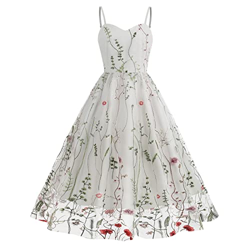 Women's Adjustable Spaghetti Straps V Neck Fared Cami Slip Dress Summer Floral Embroidery Dress for Women Mesh Tulle Flower Embroidered Dress Backless A Line Fit Flare Wedding Party Dress White-Cami L