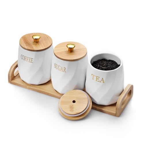 OGANAZI 3 Pack Ceramic Canister Set with Bamboo Lids and Handle Tray, Coffee Tea Sugar Container Set, White Ceramic Storage Jar Kitchen Canister for Countertop