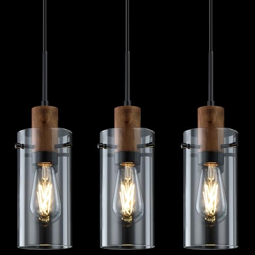 3 Pack 1 Light Modern Industrial Farmhouse Hanging Kitchen Island Pendant Ceiling Light Fixtures,Wood Clear Glass Black Finish Over Sink Restaurant bar Corridor