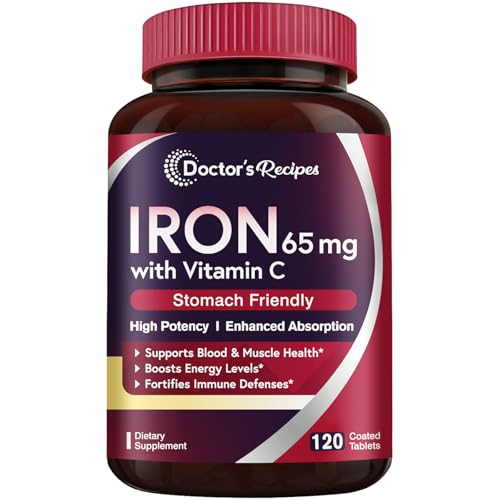 Doctor's Recipes Iron Supplement 65 mg with Vitamin C - Maximized Absorption & Stomach Friendly Iron Pills for Red Blood Cells Formation, Heart, Brain & Immunity Health - Vegan Non-GMO 120 Iron Tabs