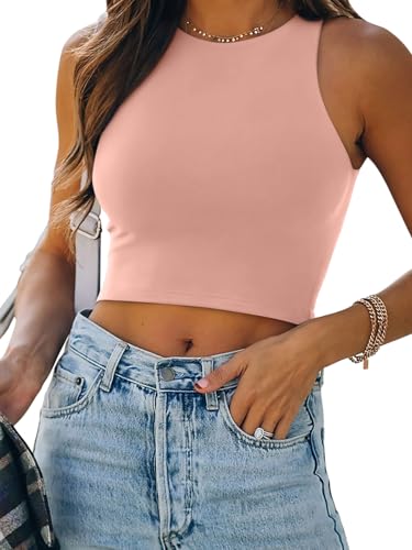REORIA Women's Sexy Sleeveless High Neck Racerback Cropped Tank Tops Cute Teen Girls Halter Neck Crop Tops Vest Pink Small