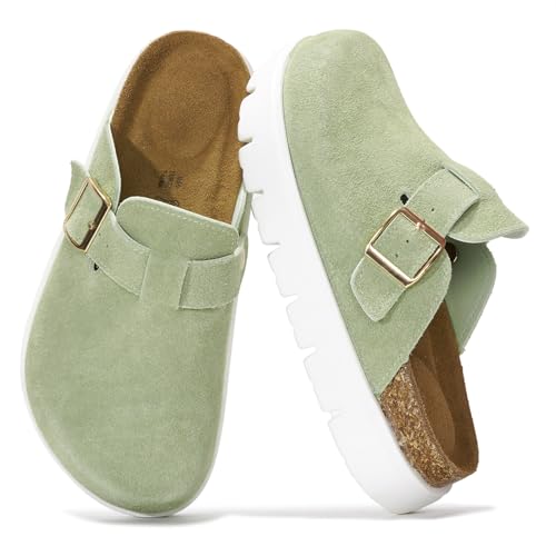 Project Cloud Genuine Leather Platform Clogs for Women Footwear - Memory Foam Arch Support Cork Footbed Casual Shoes & Mules for Women 2025 (Benton Chunky, SAGE, 9)