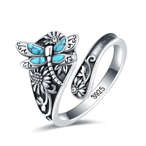 EJALEN Sterling-Silver Turquoise Dragonfly Spoon Ring - Vintage Boho Thumb Rings Oxidized Wrap Ring Victorian Style Antique Floral Jewelry Gifts for Women (6#7#8#)