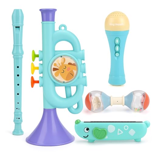 Musical Toys for 2 3 Year Old Boy Girl Birthday Gifts, 5 in 1 Montessori Musical Instruments for Toddlers 2-4 with Trumpet/Microphone/Flute/Maraca/Harmonica, Preschool Learning Toys for Kids Ages 3-5