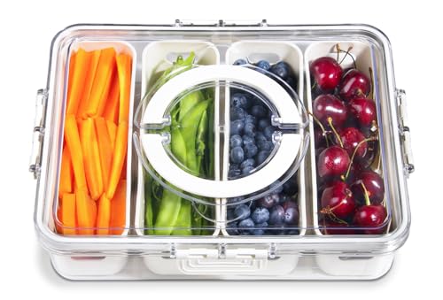 YFUIF Portable Fruit Storage Containers for Fridge, 4 Compartments Snack Box Container, BPA-Free Divided Serving Tray with Lid for Veggie, Clear Snack Tray Candy Tray