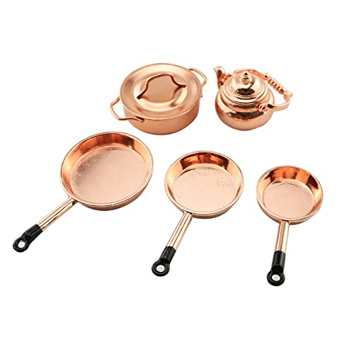 TAODAN Dollhouse Kitchen Cookware 1/12 Scale Miniatures Metal Frying Pans, Kettle, Copper Pots with Lids for Dollhouse Kitchen Accessories Christmas Birthday Gift Miniature Stovetop Cookware