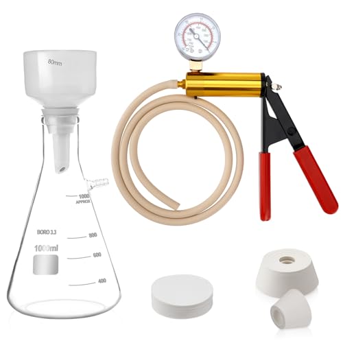 creahub 1000ml Buchner Funnel Vacuum Filtering Kit with Hand Vacuum Pump, 1L Vacuum Flask, Lab Filters with 100 Pcs Filter Paper and Vacuum Tube for Laboratory