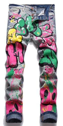 Enrica Men's Straight Slim Fit Ripped Distressed Paint Graffiti Printed Jeans Pants,Paint Graffiti 3295, 34