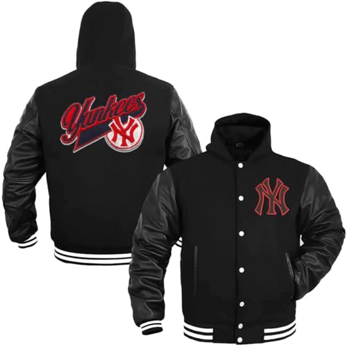 H&D Clothing Mens New Letterman Yankees York Varsity Jacket Mens Hooded NY College Baseball Varsity Bomber Jacket (US, Alpha, Medium, Regular, Regular, Black Hooded)