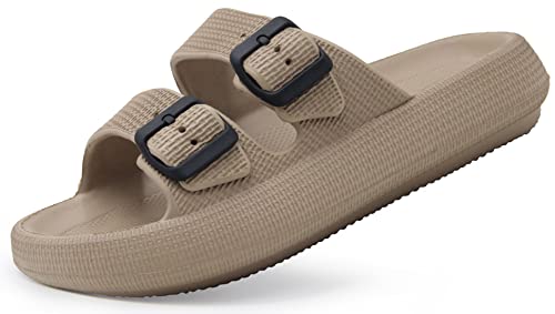 Weweya Men Women EVA Double Buckle Waterproof Pillow Slipper Nude Sandal Squishy Foam Rubber Sandal Khaki Women Size 7 7.5